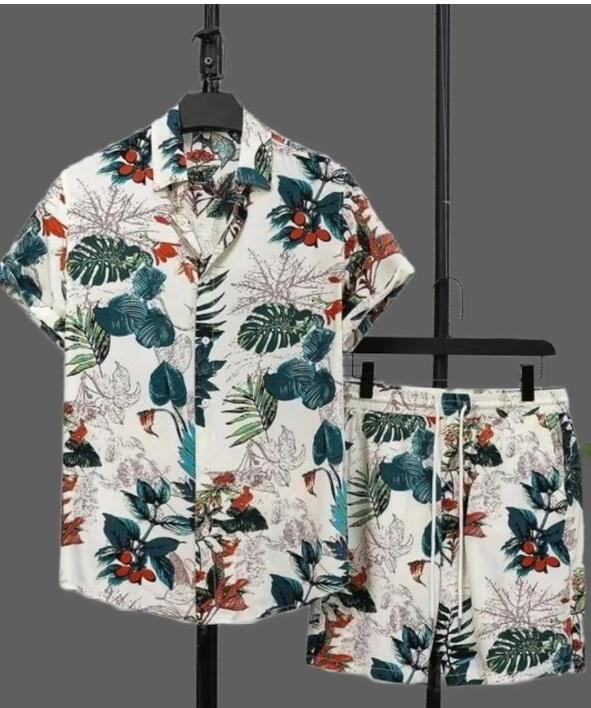 Men's Casual Vacation-Style Printed Short & Shirt Co-ord Set (2pcs Set)
