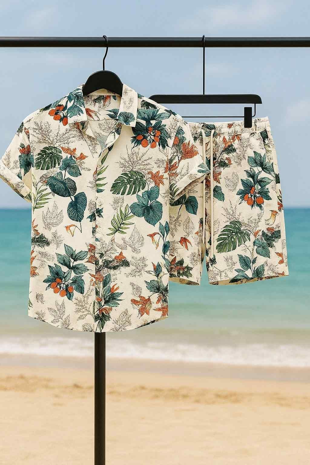 Men's Casual Vacation-Style Printed Short & Shirt Co-ord Set (2pcs Set)